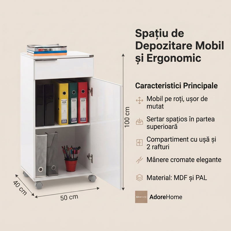 Corp Mobil Adore Diamond, cu usa, sertar si rotile, Alb, 50 x 100 x 40 cm