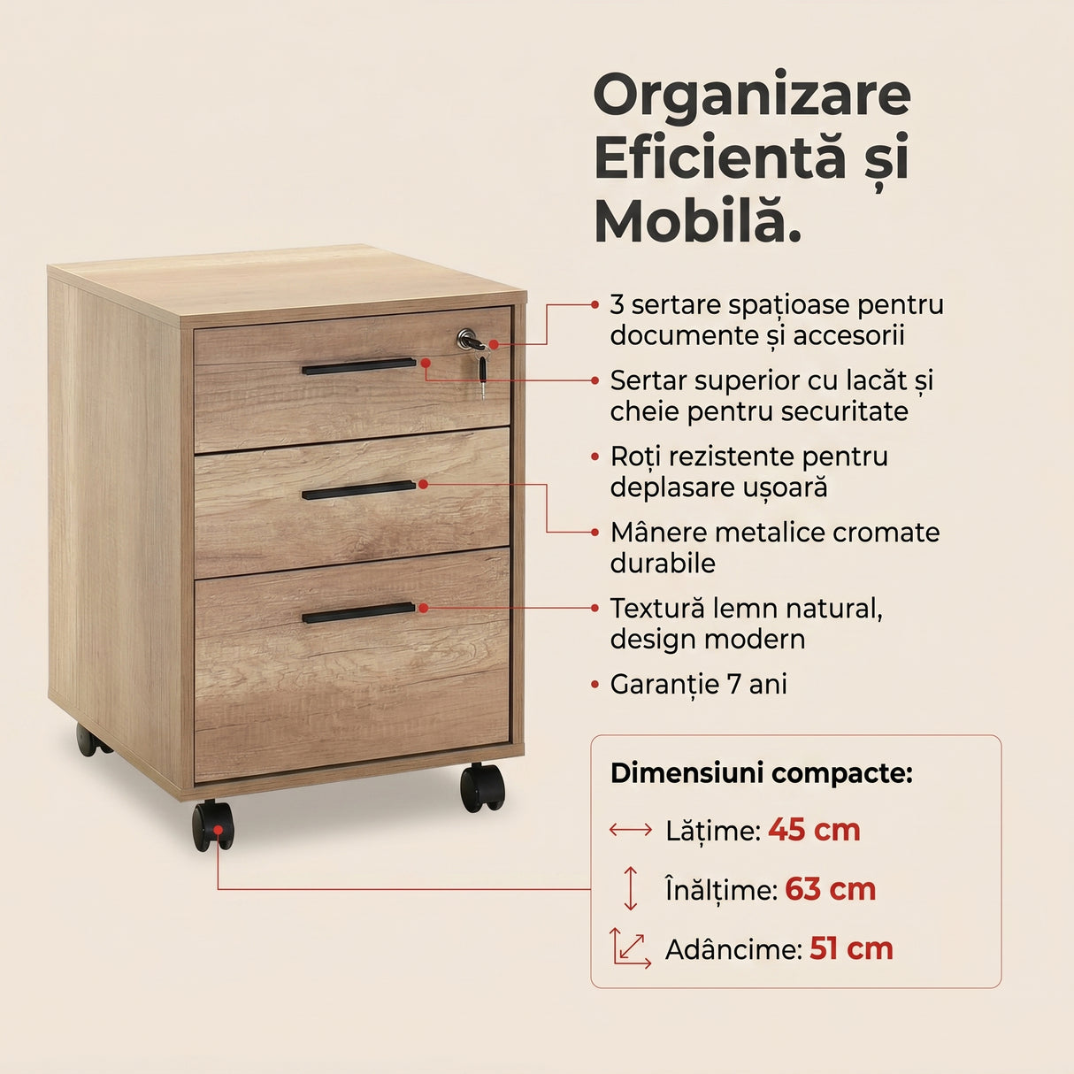 Corp Mobil Adore New York Rollbox Office, 3 Sertare, sertar cu cheie, Natur, 45x63x51 cm