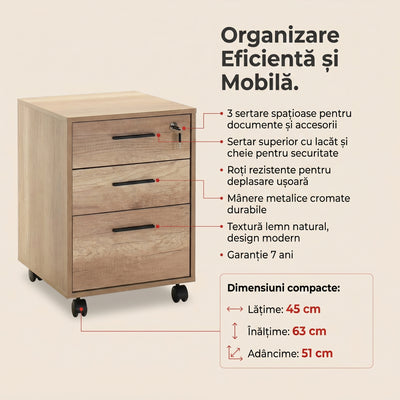 Corp Mobil Adore New York Rollbox Office, 3 Sertare, sertar cu cheie, 45 x 63 x 51 cm