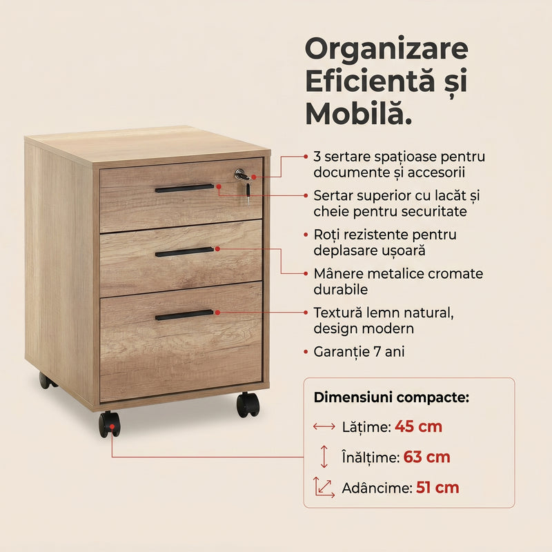 Corp Mobil Adore New York Rollbox Office, 3 Sertare, sertar cu cheie, 45 x 63 x 51 cm