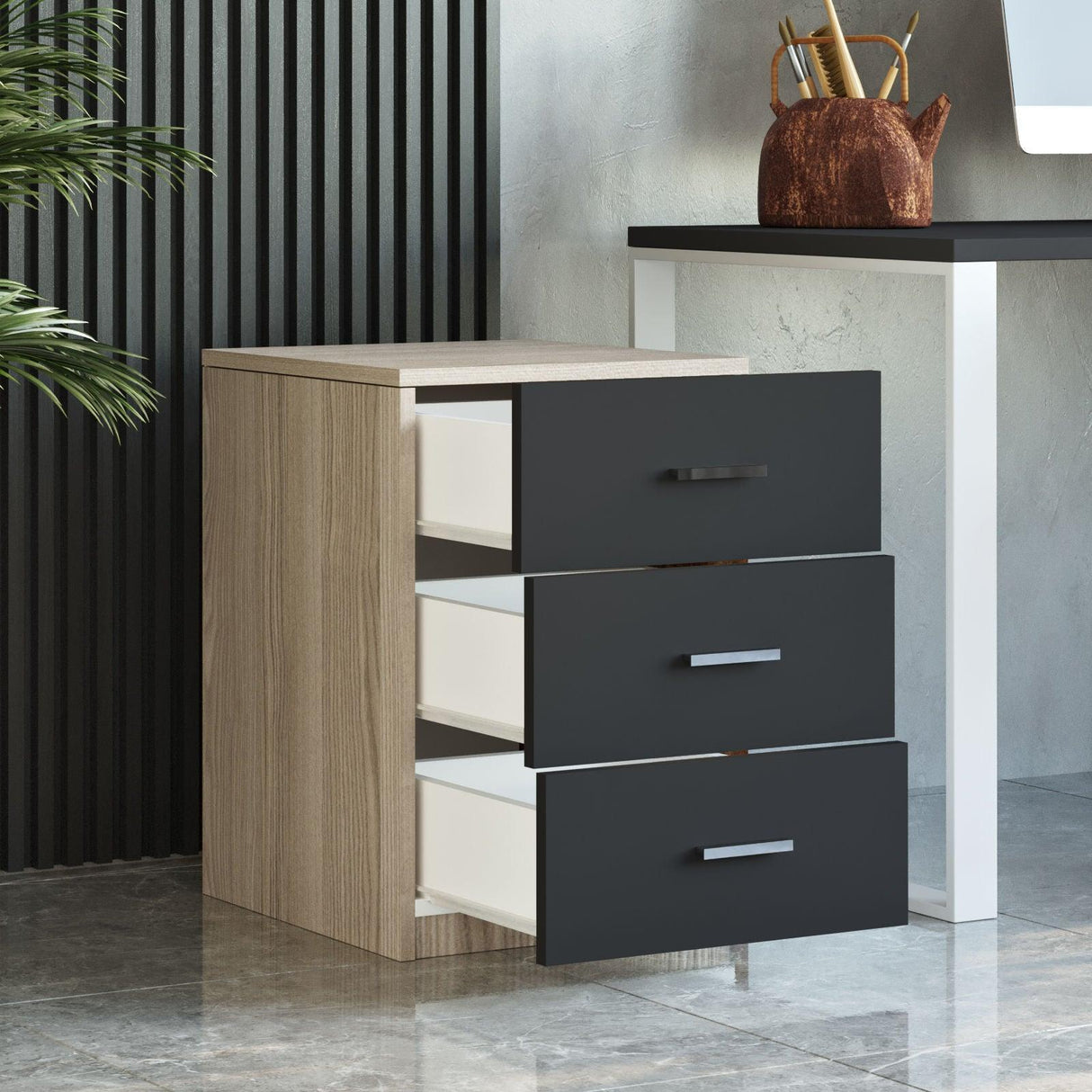 Comoda birou Rollbox, 3 sertare, 45x62x47 cm - Stejar