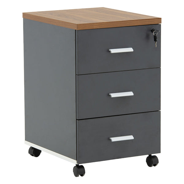 Corp mobil pe roti Oscar cu cheie, 3 sertare, nuc - antracit, 40x48x63 cm