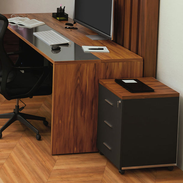 Corp mobil pe roti Oscar cu cheie, 3 sertare, nuc - antracit, 40x48x63 cm