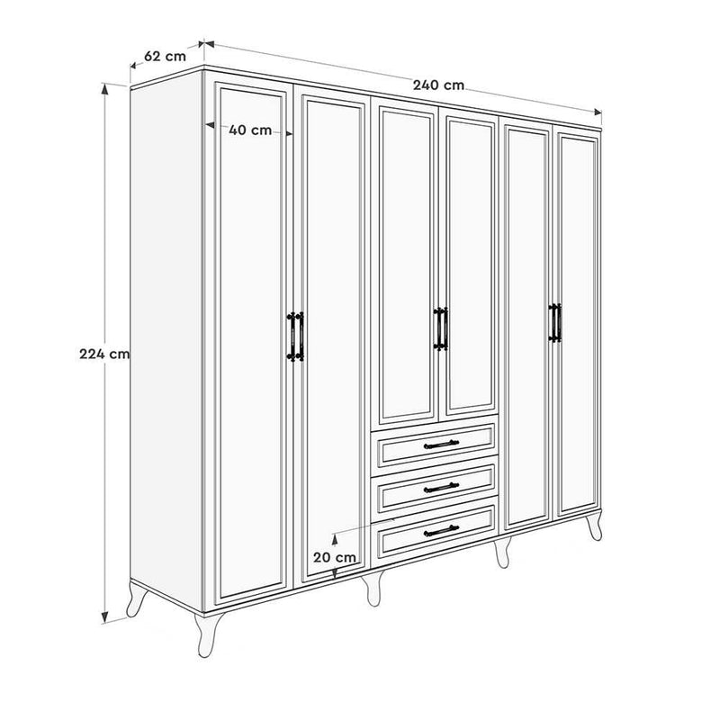 Dulap Haine Adore Country, 6 usi cu 3 sertare, Alb, 240x224x62 cm, perspectiva suplimentara