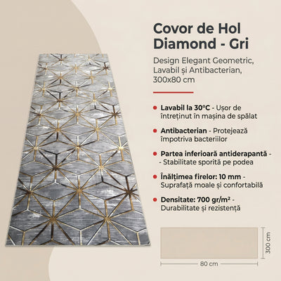 Covor de Hol Diamond, Gri, Lavabil, Antibacterian, Antiderapant, 150x80 cm