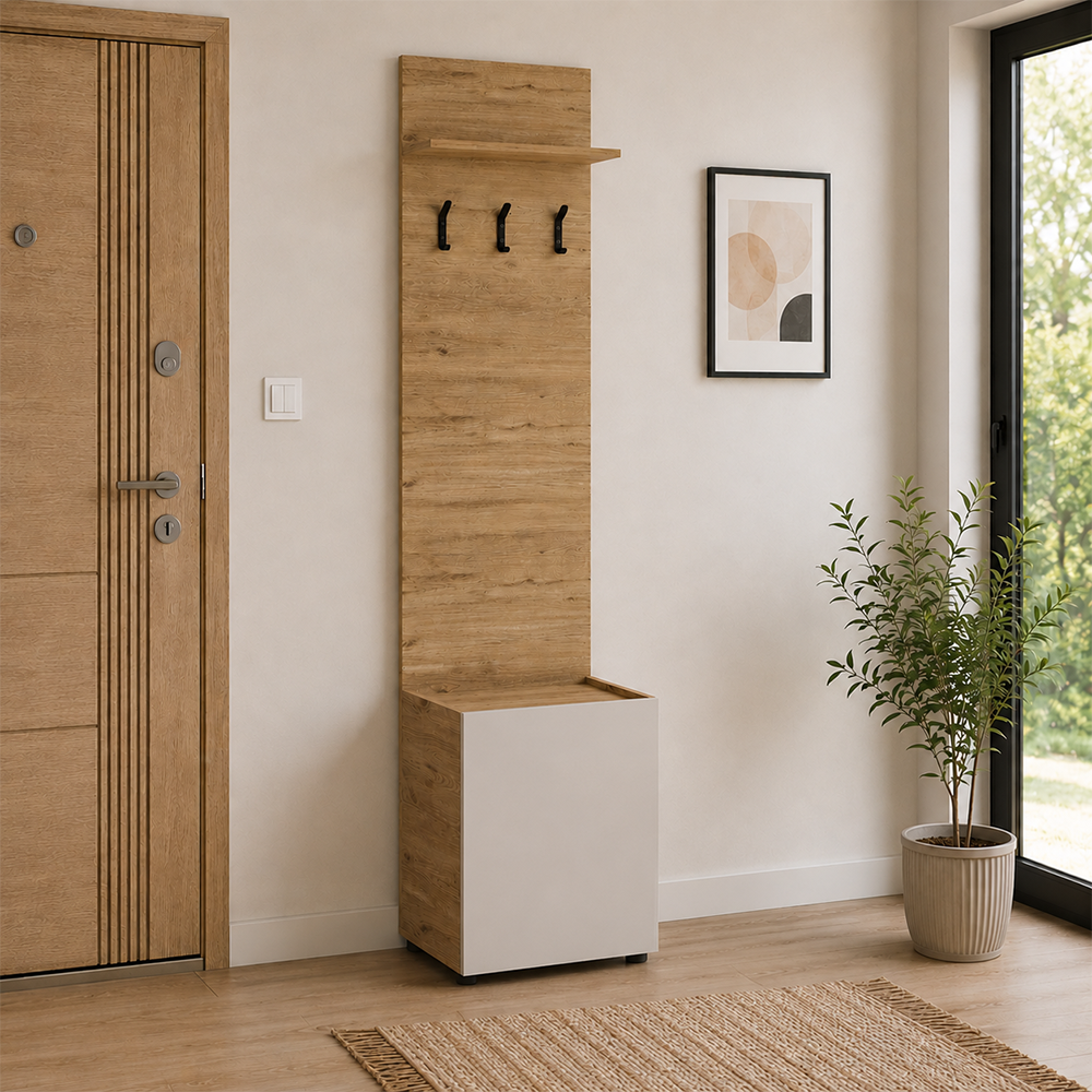 Cuier cu pantofar Adore Porto, 1 usa si 3 agatatori, Stejar - Bej, 51x210x34 cm