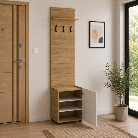 Cuier cu pantofar Adore Porto, 1 usa si 3 agatatori, Stejar - Bej, 51x210x34 cm
