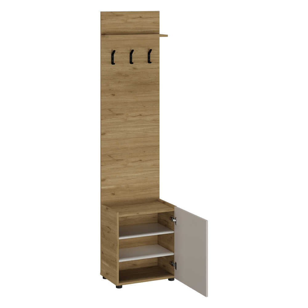 Cuier cu pantofar Adore Porto, 1 usa si 3 agatatori, Stejar - Bej, 51x210x34 cm