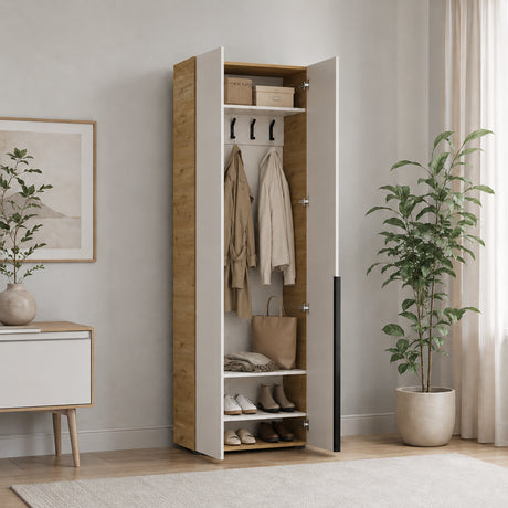 Cuier cu pantofar Adore Porto, 5 agatatori si 4 rafturi, Stejar - Bej, 72x210x34 cm