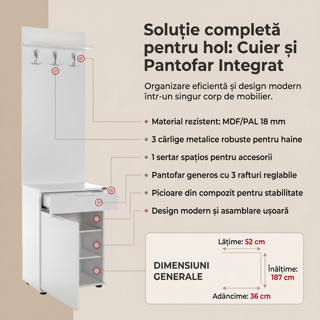 Cuier cu Pantofar Adore Porto Aero cu usa si sertar, Alb - Stejar, 52x187x36 cm - Alb