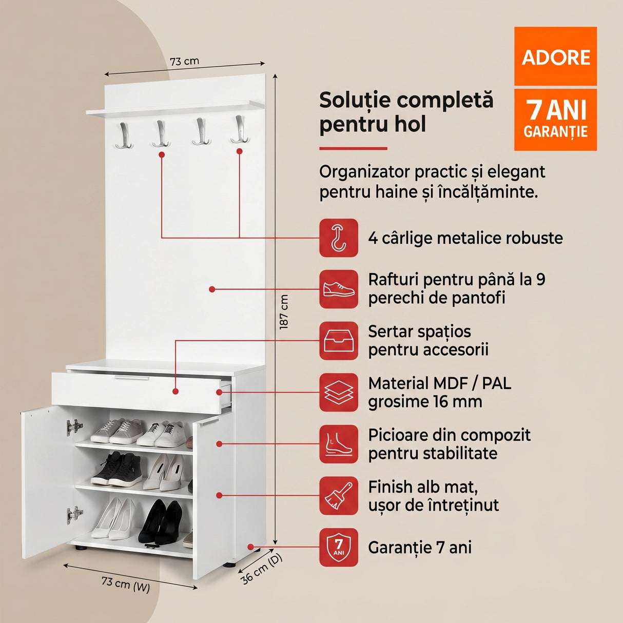 Cuier cu Pantofar Adore Porto Aero, cu Sertar, Alb - Natur, 73x187x36 cm - Alb