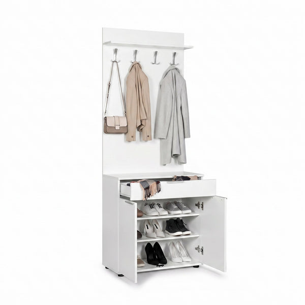 Cuier cu Pantofar Adore Porto Aero, cu Sertar, Alb - Natur, 73x187x36 cm