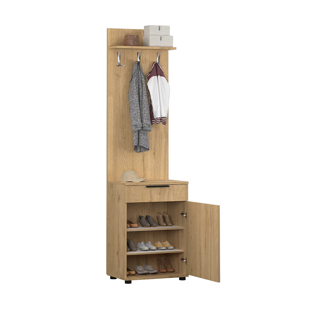 Cuier cu Pantofar Adore Porto Aero cu usa si sertar, Alb - Stejar, 52x187x36 cm - Stejar