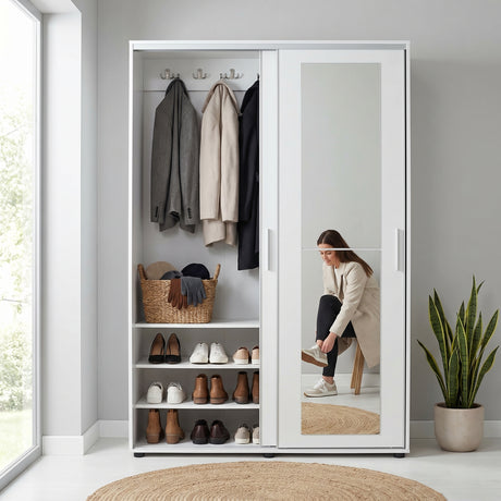 Cuier cu pantofar Adore Porto Maxi, 2 usi cu oglinda, 12 rafturi, capacitate 32 perechi incaltaminte, 120 x 187 x 40 cm