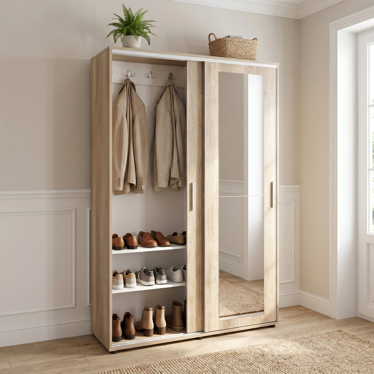 Cuier cu pantofar Adore Porto Maxi, 2 usi cu oglinda, 12 rafturi, capacitate 32 perechi incaltaminte, 120 x 187 x 40 cm - Natur