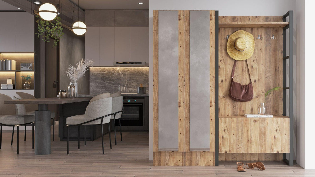 Cuier cu pantofar Bringo cu oglinda, Lemn Natural,  3 piese, 161 x 180 x 36 cm