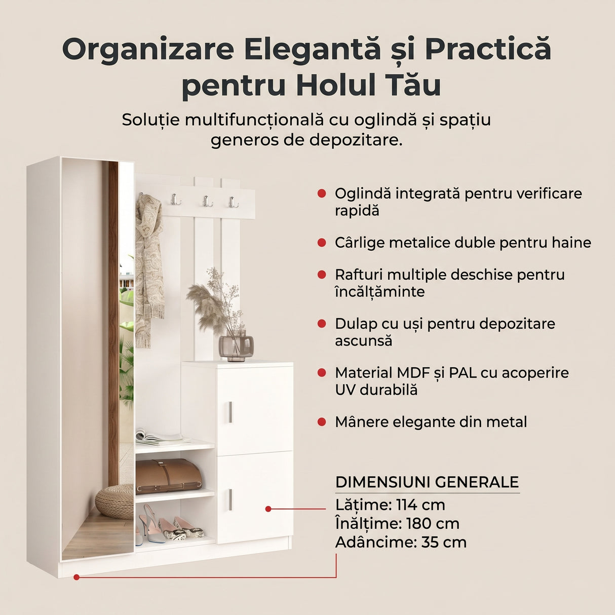 Cuier cu pantofar Fistik cu oglinda si 2 compartimente, Alb, 114x180x35 cm