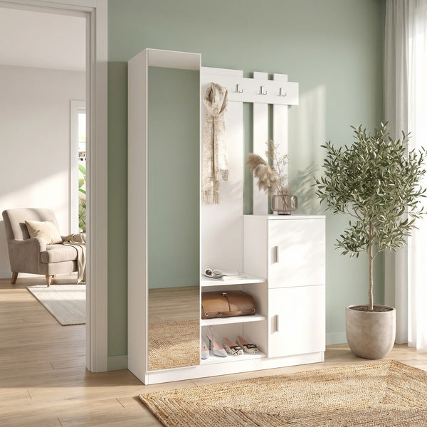 Cuier cu pantofar Fistik cu oglinda si 2 compartimente, Alb, 114x180x35 cm