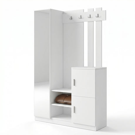 Cuier cu pantofar Fistik cu oglinda si 2 compartimente, Alb, 114 x 180 x 35 cm