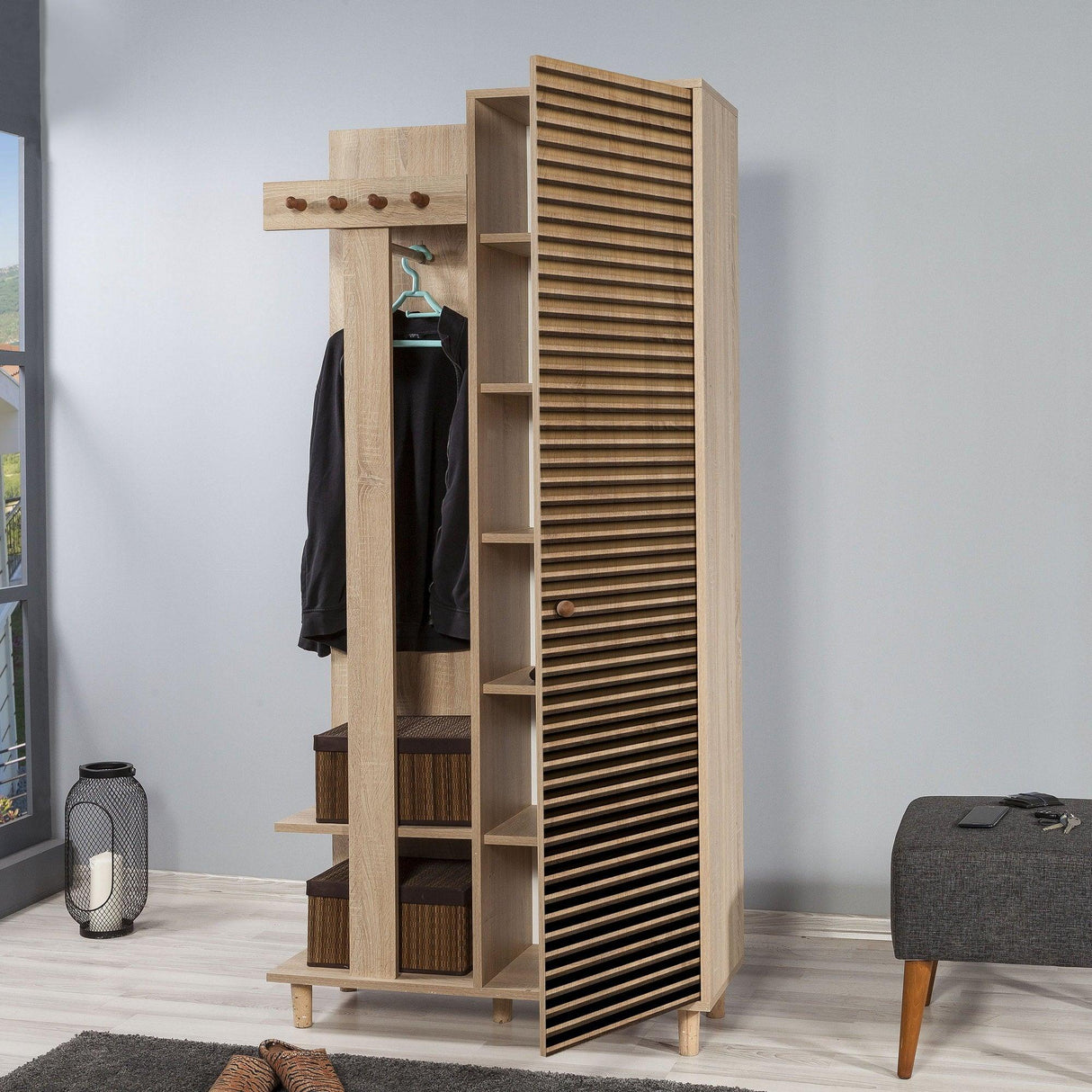 Cuier cu pantofar Garmanto 90 - 200 Hall Stand 2, Stejar Sonoma, 194x36x90 cm