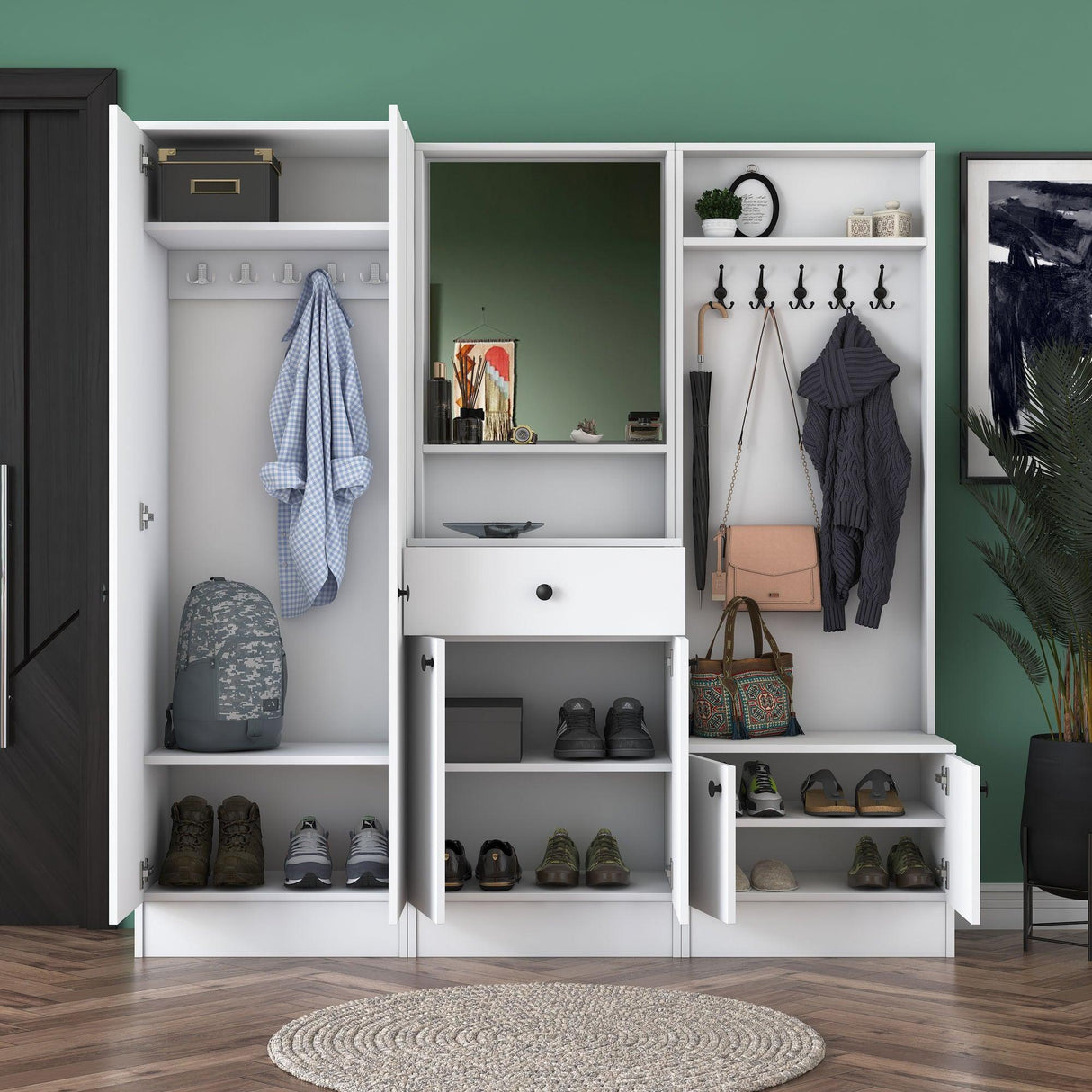 Cuier cu pantofar Hol Genus cu 6 usi si oglinda, Alb, 180 x 183 x 37 cm