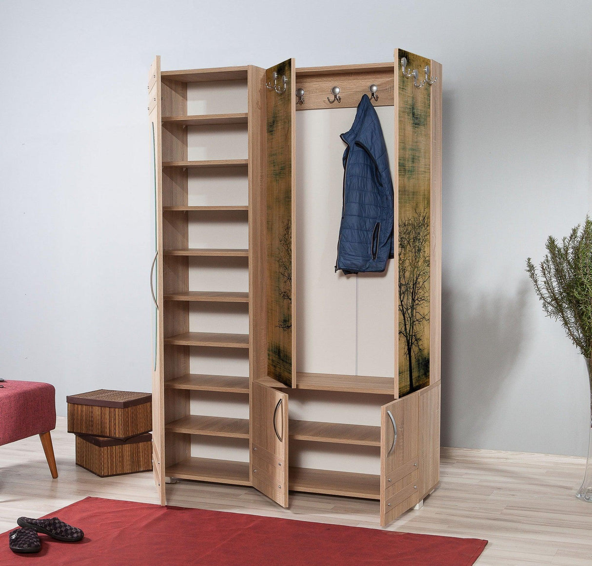 Cuier cu pantofar SİHİRLİ-220 Hall Stand 3, Stejar Sonoma, 195x36x125 cm