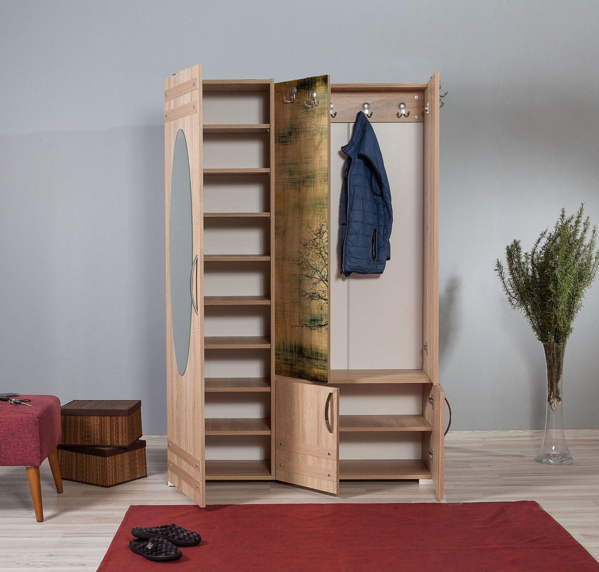 Cuier cu pantofar SİHİRLİ-220 Hall Stand 3, Stejar Sonoma, 195x36x125 cm