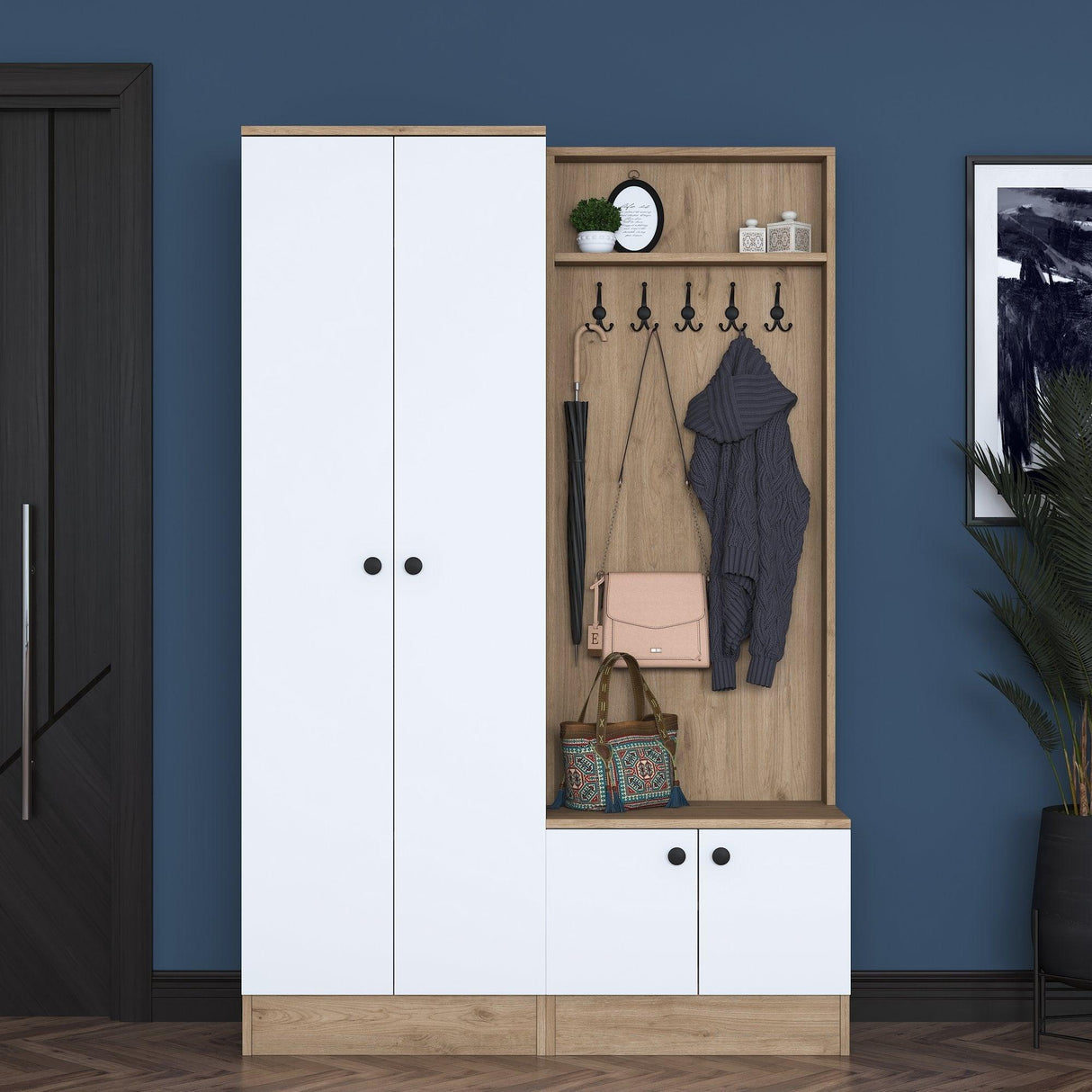 Cuier cu pantofar cu 4 usi, 120x183x37 cm - Alb-Nuc