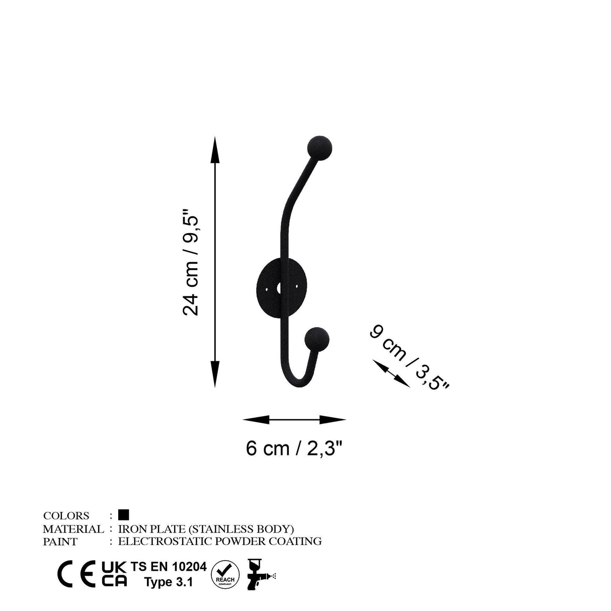 Cuier de hol metalic Metal Wall Hook Elegance 3, Negru, 6x9 cm