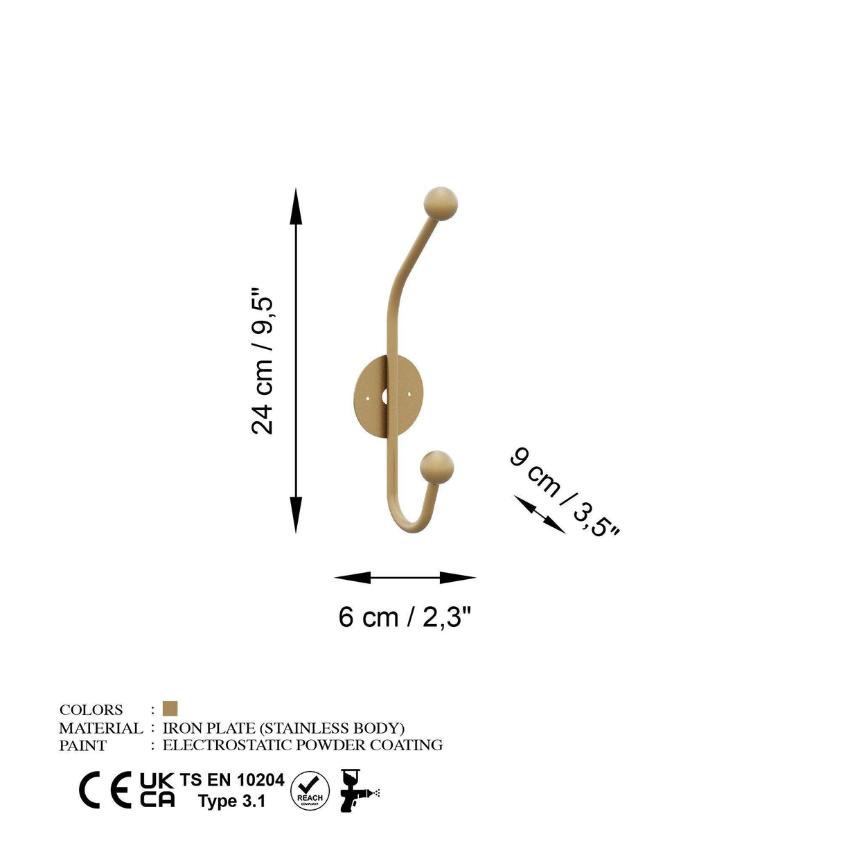 Cuier de hol metalic Metal Wall Hook Rustic 3, Aur, 6x9 cm