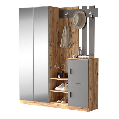 Cuier Doorse cu oglinda, Alb - Gri inchis, 148x35x180 cm