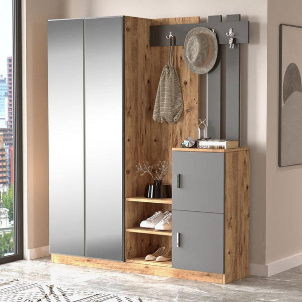Cuier Doorse cu oglinda, Alb - Gri inchis, 148x35x180 cm