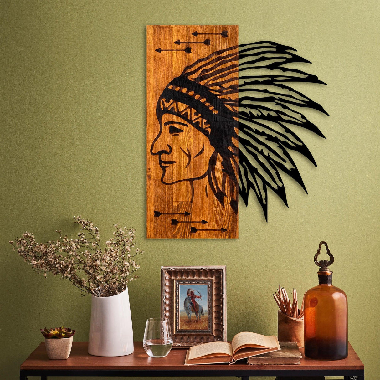 Decoratiune de perete lemn Apachi, Nuc, 50x58x3 cm