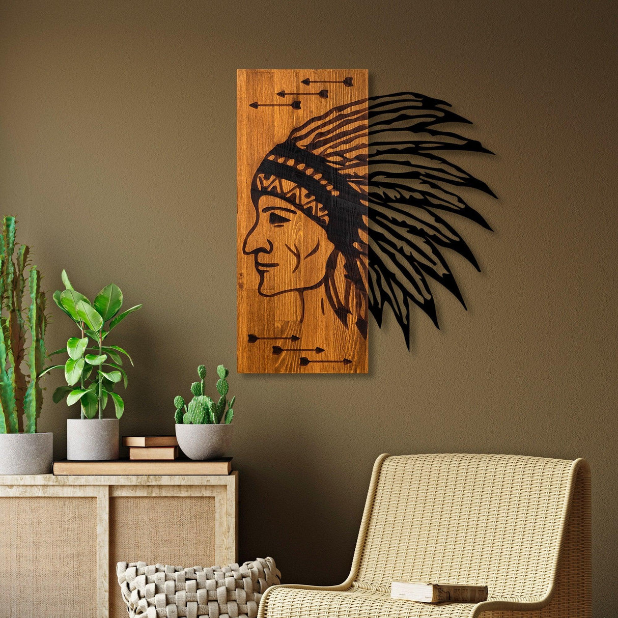 Decoratiune de perete lemn Apachi, Nuc, 50x58x3 cm