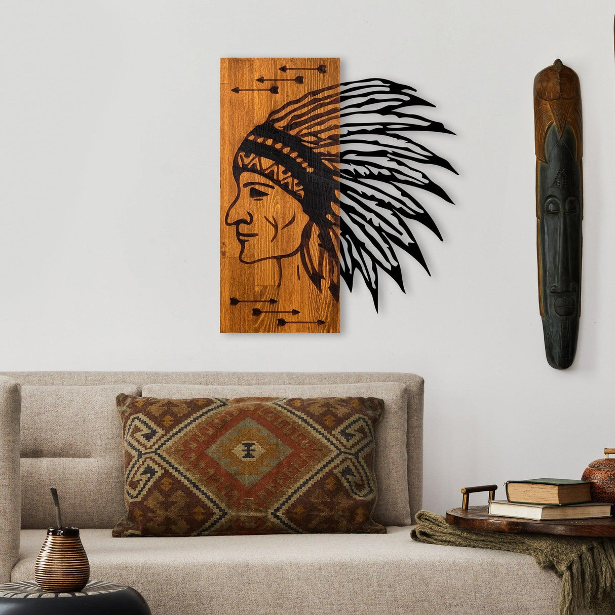 Decoratiune de perete lemn Apachi, Nuc, 50x58x3 cm