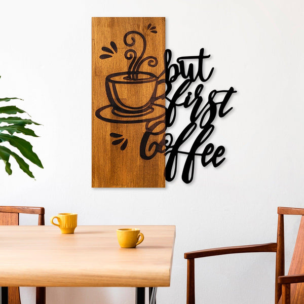 Decoratiune de perete lemn Coffee First, Nuc, 50x58 cm