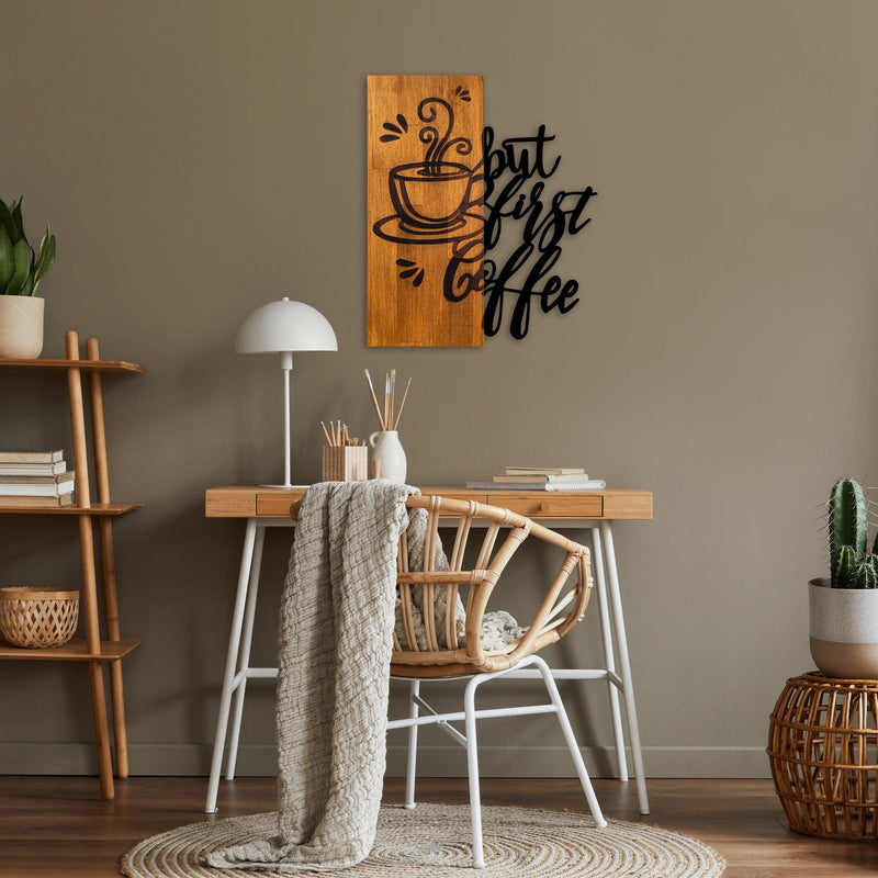 Decoratiune de perete lemn Coffee First, Nuc, 50x58x3 cm