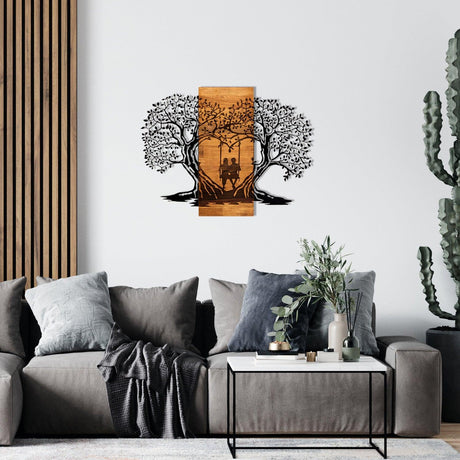 Decoratiune de perete lemn inima copacului, Negru, 76 x 58 x 3 cm