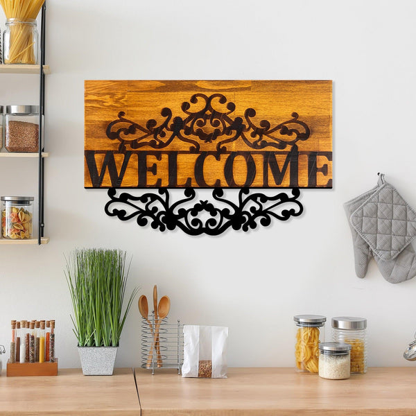 Decoratiune de perete lemn Welcome, Nuc, 58x36 cm