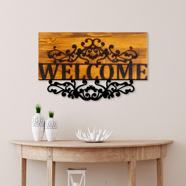 Decoratiune de perete lemn Welcome, Nuc, 58x36 cm