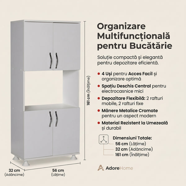 Dulap Adore Diamond, Multifunctional, 4 usi, 1 raft, Alb, 56x161x32 cm