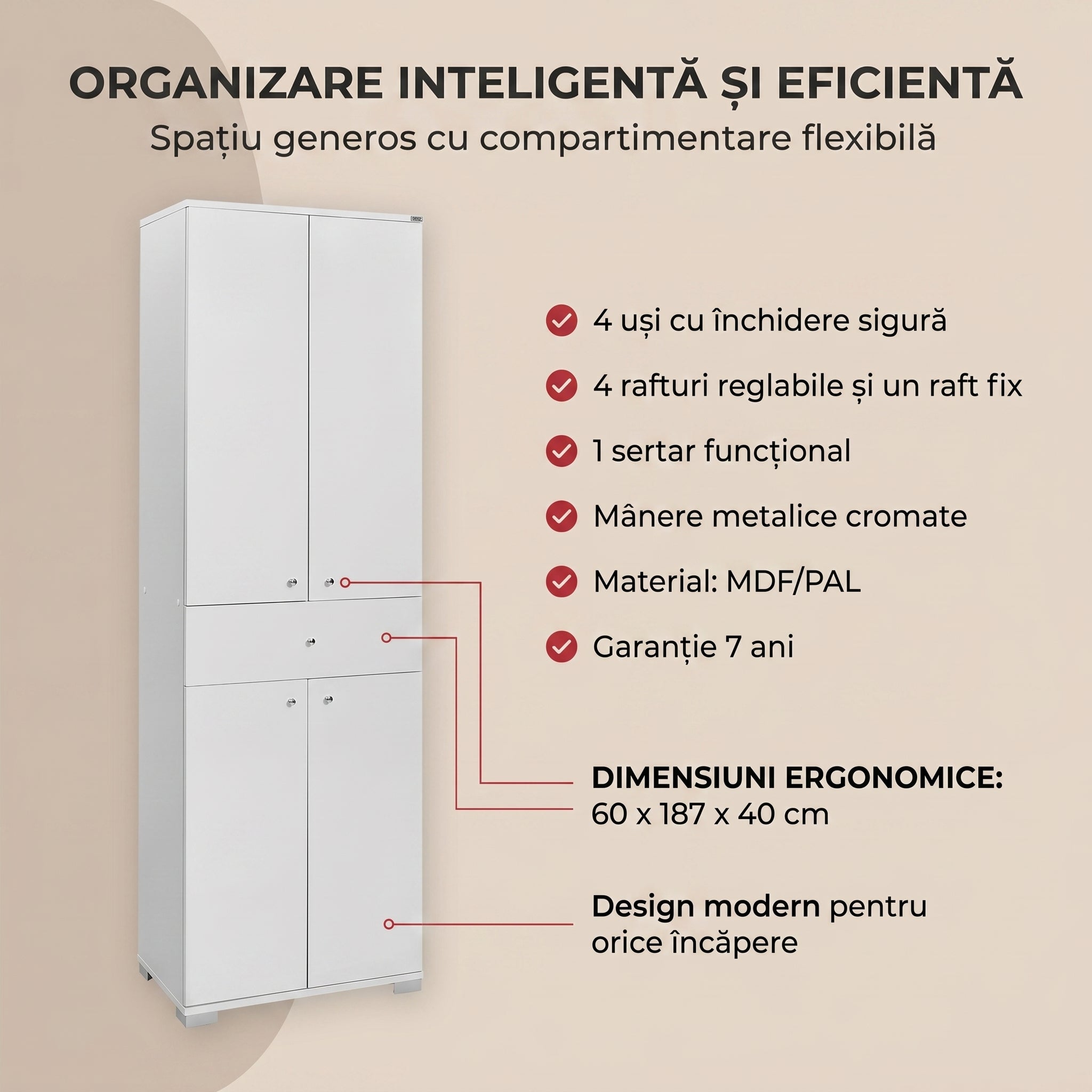 Dulap Adore Diamond, Multifunctional, 4 usi, 4 rafturi, 1 sertar