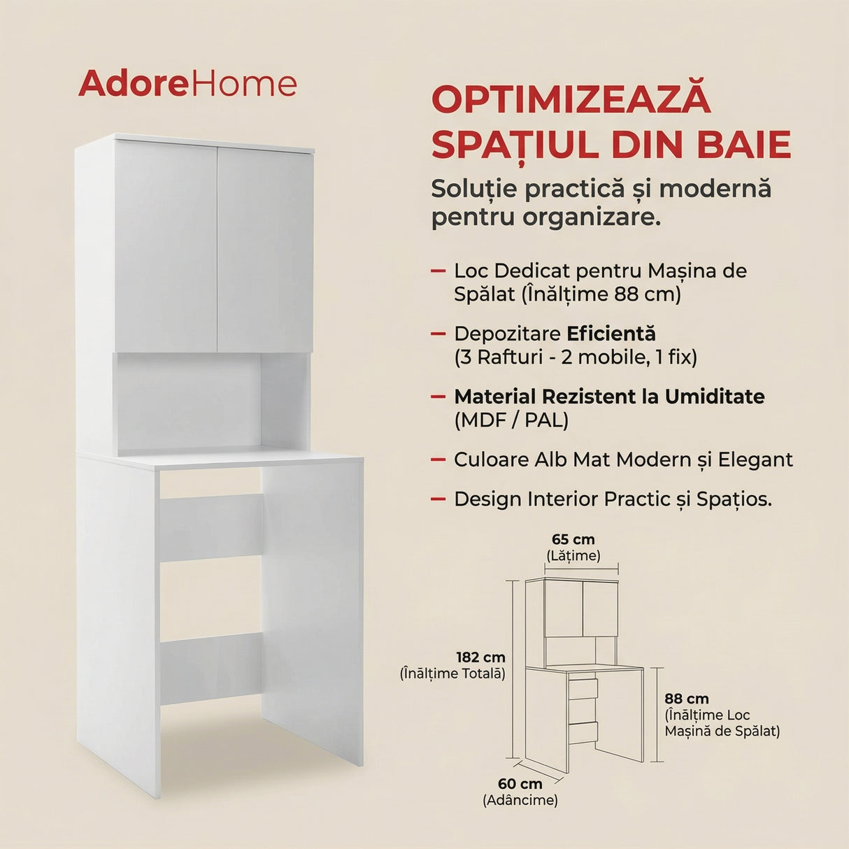Dulap Baie Adore cu Loc Pentru Masina de Spalat, 3 Rafturi, 2 Usi, Alb, 65 x 182 x 60 cm