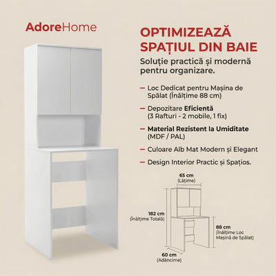 Dulap Baie Adore cu Loc Pentru Masina de Spalat, 3 Rafturi, 2 Usi, Alb, 65 x 182 x 60 cm