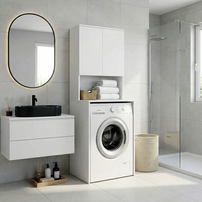 Dulap Baie Adore cu Loc Pentru Masina de Spalat, 3 Rafturi, 2 Usi, Alb, 65x182x60 cm