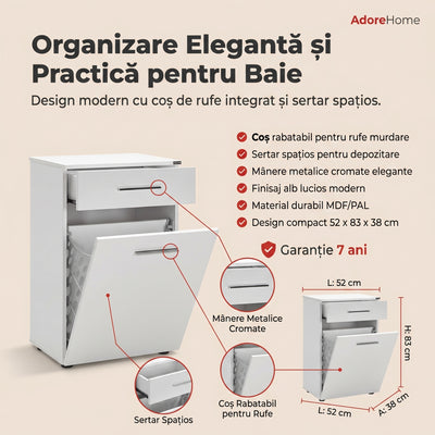 Dulap Baie cu cos de rufe Adore Diamond Mini, sertar, Alb Lucios, 52x83x38 cm, perspectiva suplimentara