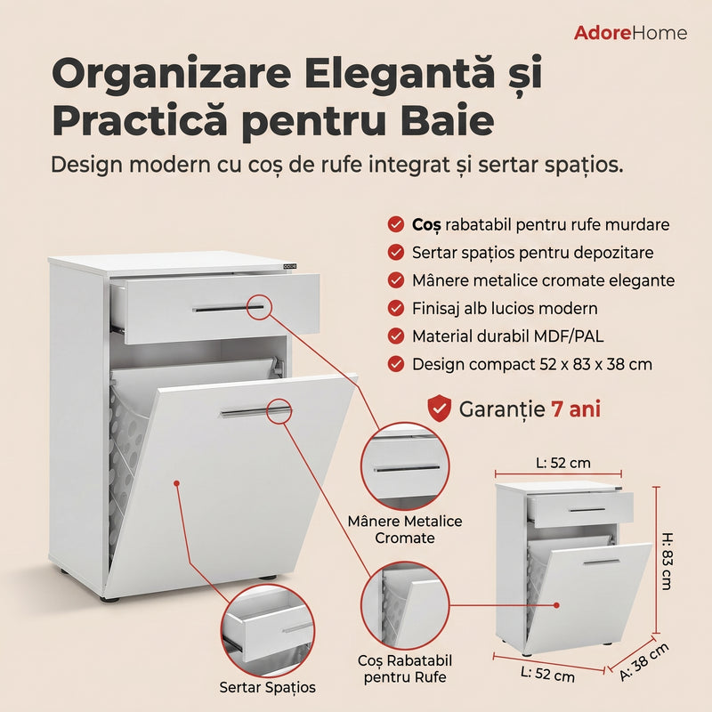 Dulap Baie cu cos de rufe Adore Diamond Mini, sertar, Alb Lucios, 52x83x38 cm, perspectiva suplimentara