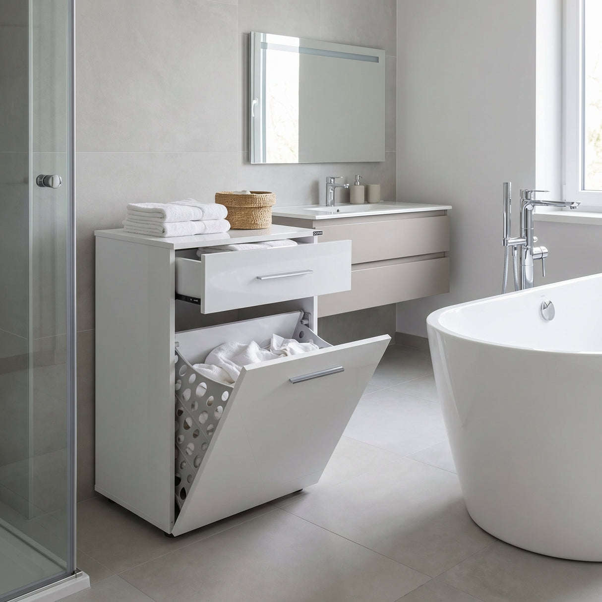 Dulap Baie cu cos de rufe Adore Diamond Mini, sertar, Alb Lucios, 52 x 83 x 38 cm