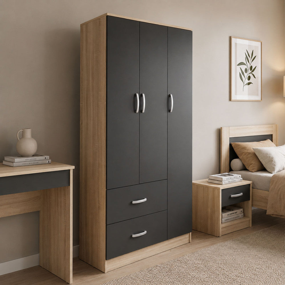 Dulap Athos cu 3 usi si 2 sertare, 90x42x180 cm - Sonoma-Antracit
