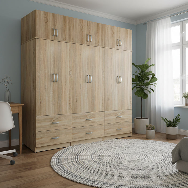 Dulap Athos cu 6 usi, sertare si loft, 240x42x240 cm - Stejar